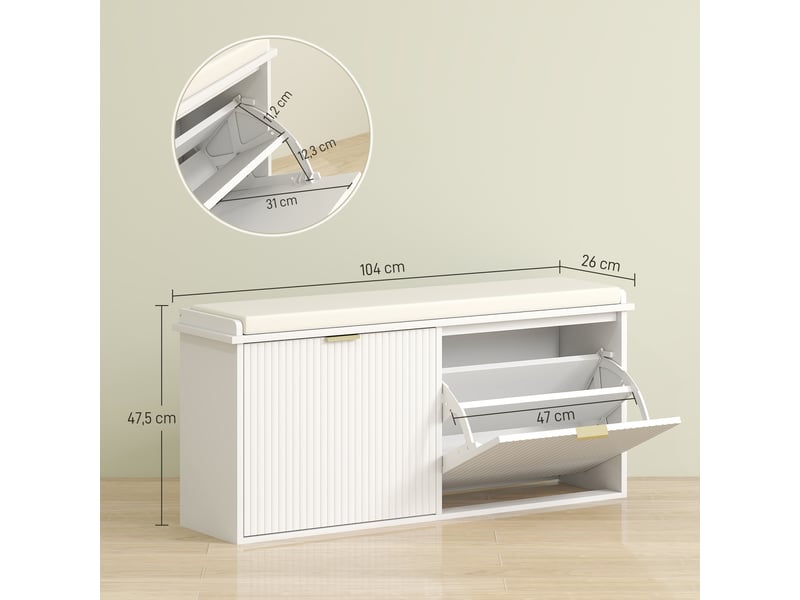  Banc à chaussures avec assise rembourrée, 2 tiroirs rabattables et étagère réglable pour l'entrée, 104 x 26 x 47,5 cm, blanc  - Conforama E