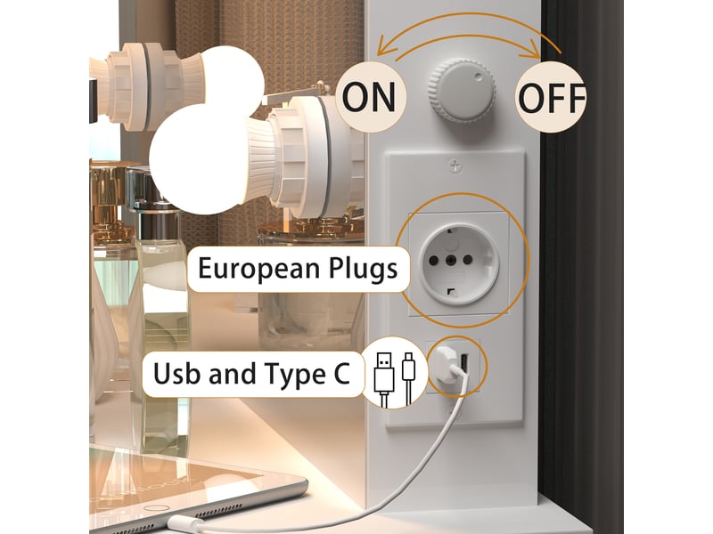  Coiffeuse avec miroir et 6 lampes à del réglables - lpospi - 2 tiroirs, prises usb et type c, mdf blanc  - Conforama E