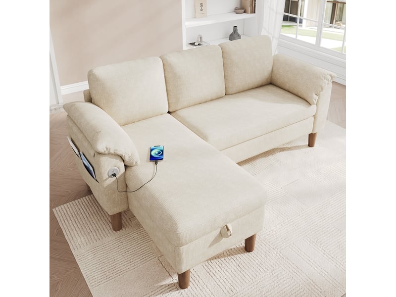  Canapé d'angle réversible 3 places avec rangement, usb et usb-c, poches latérales en chenille beige  - Conforama D