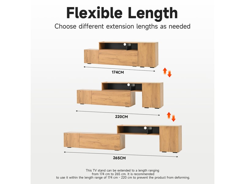  Meuble tv modulable, 4 portes et 2 tiroirs ouverts, 174-265×35×53,5 cm chêne et noir  - Conforama D