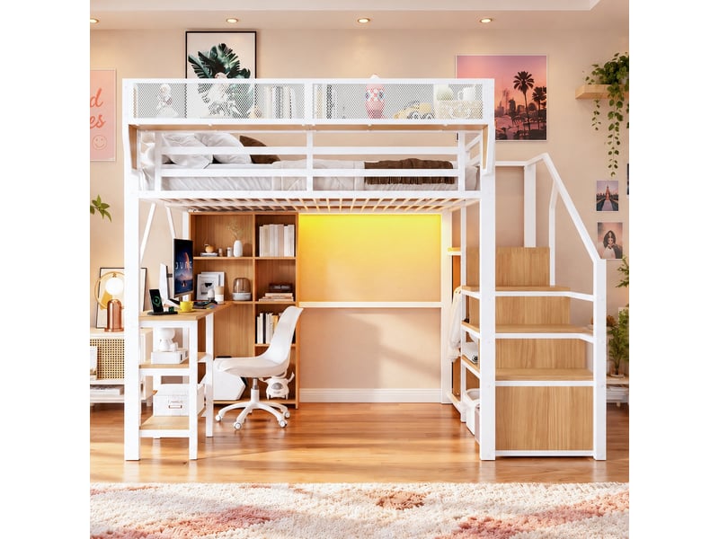  Lit mezzanine 140x200 cm avec escalier de rangement, bureau intégré, bibliothèque ouverte, étagère haute, led, prise et garde-corps, métal, blanc Morn Vibe - Conforama C