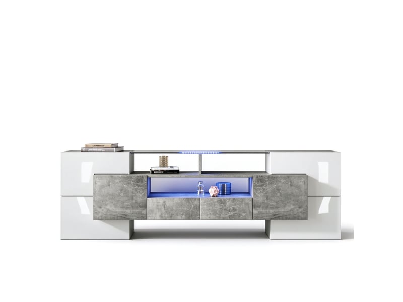  Meuble tv avec 6 portes et 2 tiroirs, 200 x 35 x 60 cm, éclairage led multicolore, 3 compartiments et finition brillante, mdf, gris Morn Vibe - Conforama A