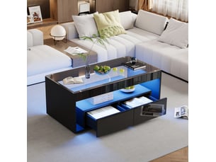Table basse led avec 2 tiroirs et niche ouverte, en verre trempé et panneau de particules, noir, 100 × 50 × 40 cm