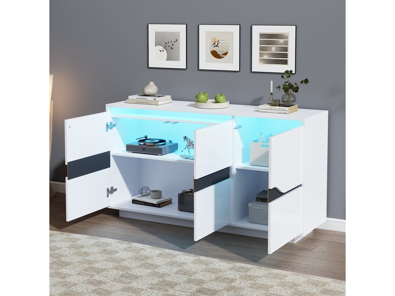 Buffet et enfilade 3 portes, 5 étagères réglables et led pour salon en aggloméré, 140×40×70 cm, blanc et noir - Conforama C