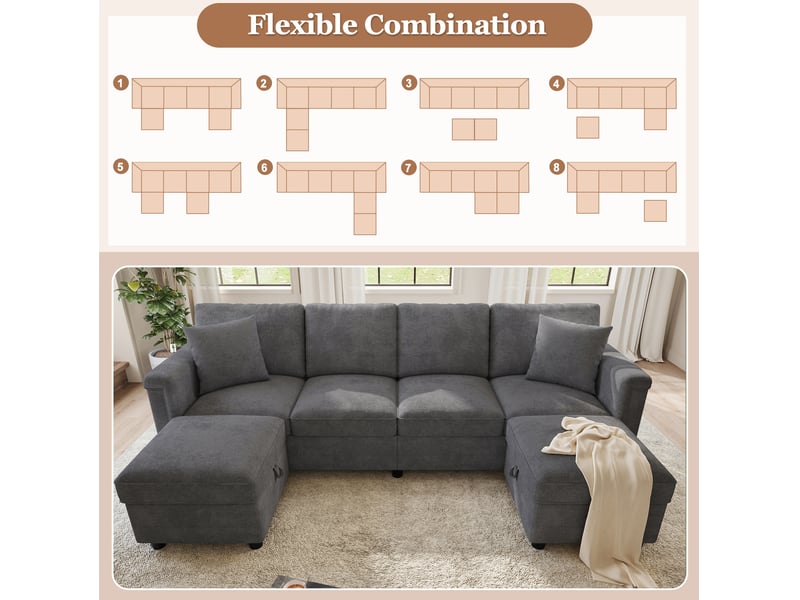  Canapé modulable 261 x 134 x 82 cm gris en chenille, 2 poufs de rangement, ports usb et type-c intégrés  - Conforama E