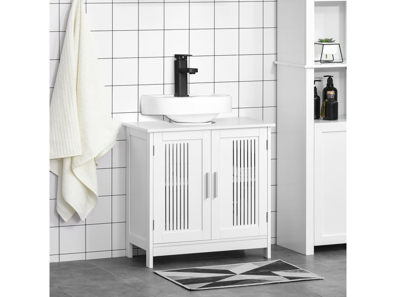  Meuble sous lavabo blanc 60 cm à 2 portes, étagère réglable et découpe en u  - Conforama C