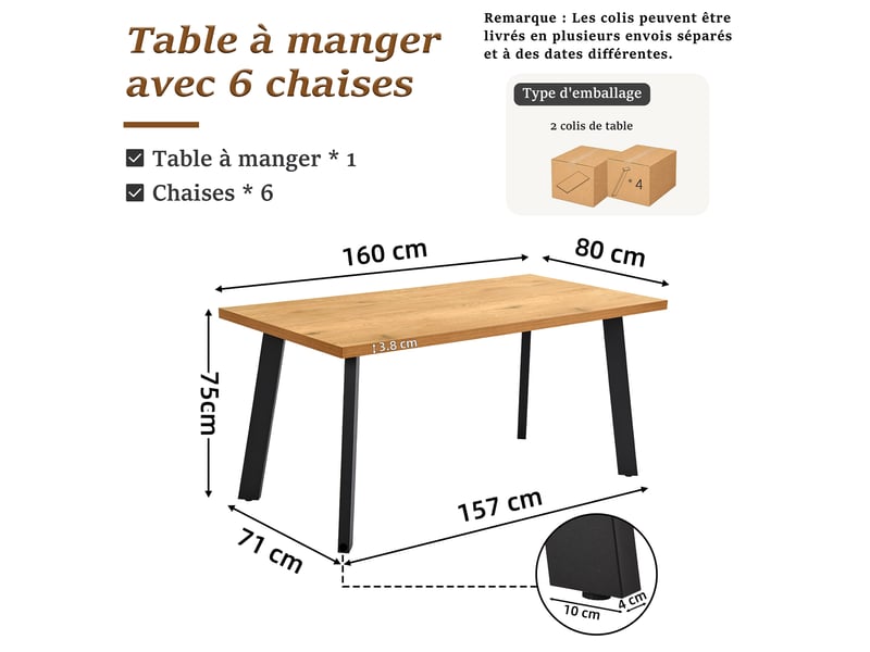  Ensemble table et 6 chaises - table rectangulaire 160x80 cm monobloc en chêne sauvage et pieds métal, 6 chaises en tissu beige et pieds bois  - Conforama D