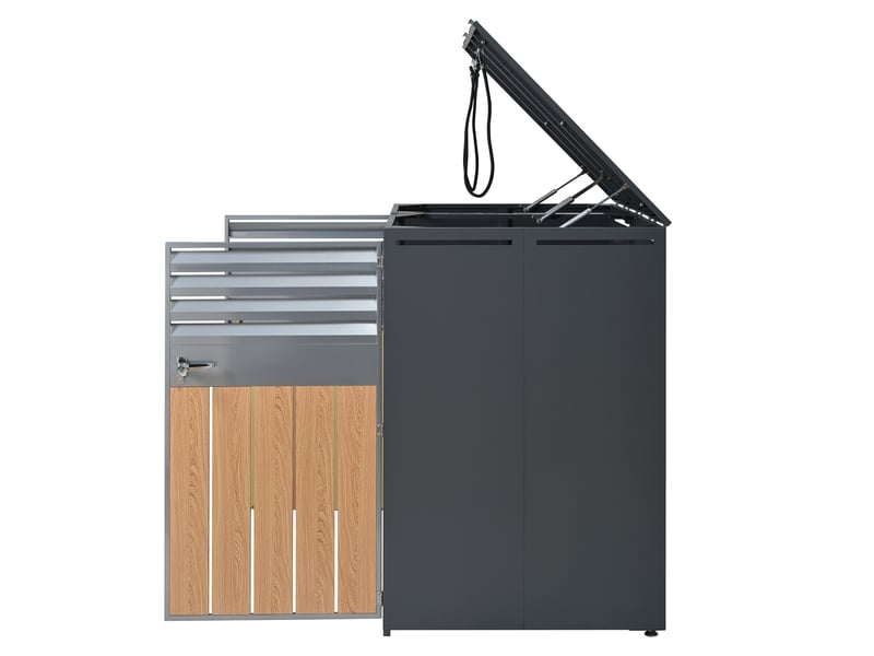 Cache-poubelles 2 compartiments avec couvercle rabattable, ventilation à lames, métal gris - Conforama E