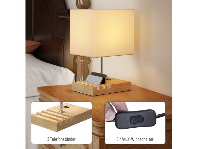  Lampe de chevet usb, bois, tissu, interrupteur à bascule, compartiments de rangement, blanc  - Conforama D