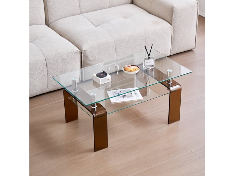  Table basse 100x55x45 cm en verre trempé transparent, pieds bruns  - Conforama D