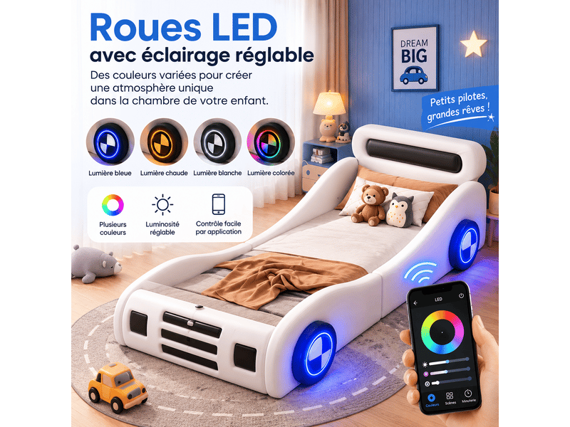 Lit voiture enfant 90x200 cm avec roues led réglables, coffre de rangement, structure rembourrée pu et mdf blanc OMNIGLINT TRADING LTD - Conforama E