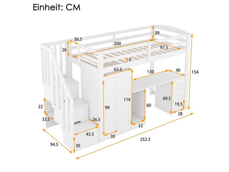  Lit mezzanine 90 x 200 cm avec sommier, bureau, armoire, escalier et tiroirs blanc  - Conforama C