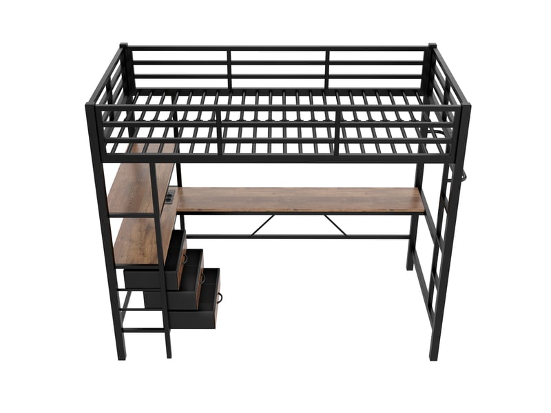  Lit mezzanine noir 90 × 200 cm, bureau, led, usb, 3 tiroirs et étagères  - Conforama E