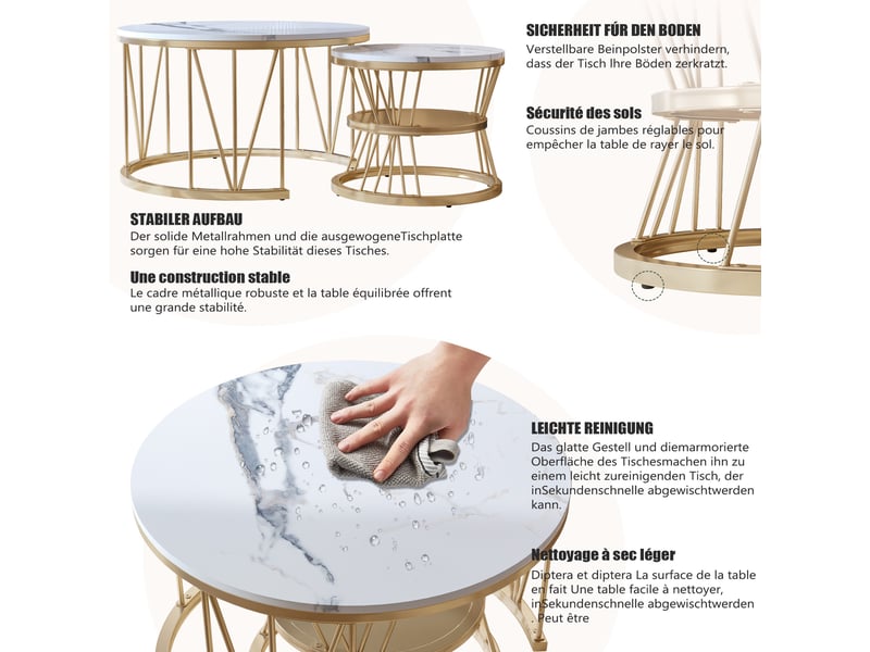  Lot de 2 tables basses - 70x70x45cm - table de salon gigognes rondes, effet marbre blanc, structure métallique v - doré  - Conforama D