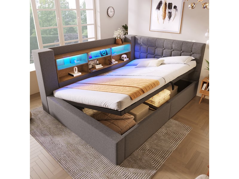  Lit double 140x200 cm avec coffre hydraulique - tête de lit l avec rangement led et usb - lin gris  - Conforama B