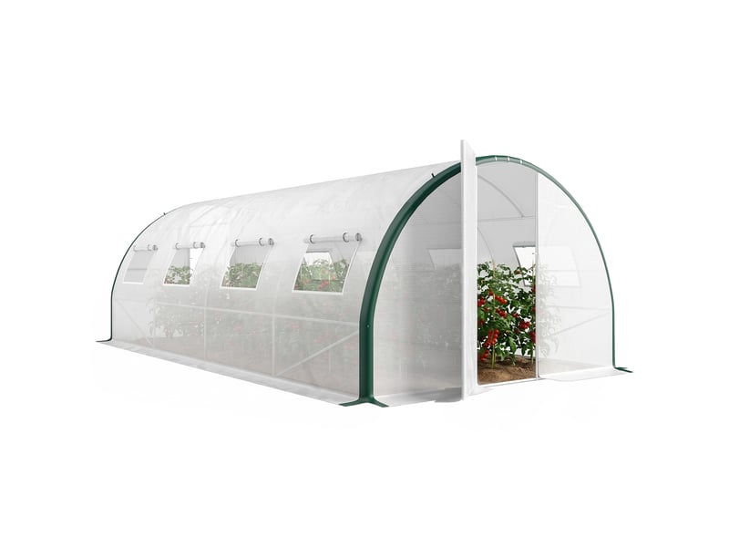 Serre tunnel de jardin 18m², serre de jardin tunnel avec portes et 8 fenêtres, bâche pe 140gm² 600 x 300 x 200 cm blanc - Conforama A