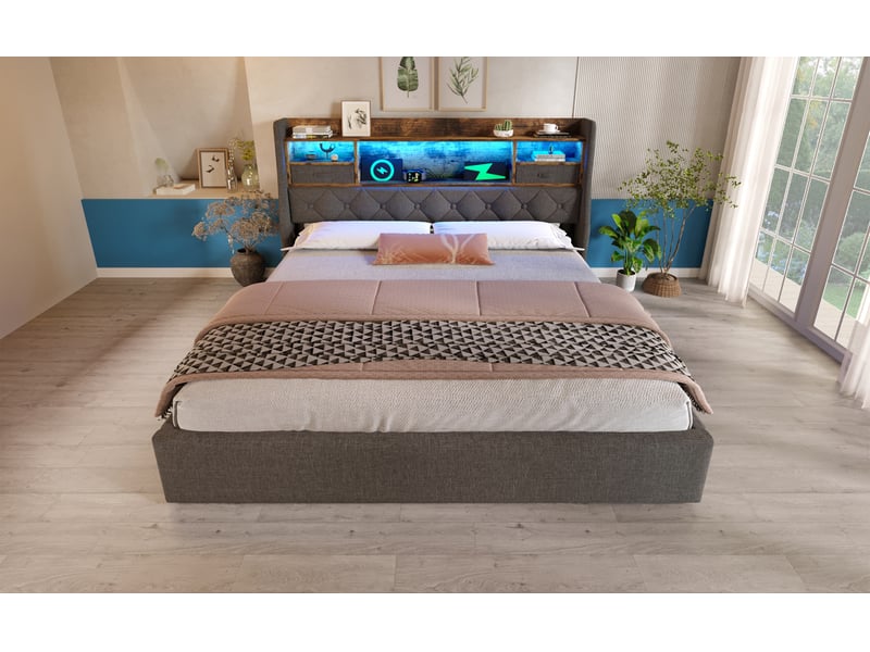  Lit 140x200 cm avec coffre hydraulique et led intégrée – sommier et matelas inclus, tissu gris  - Conforama E