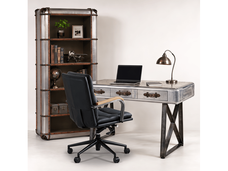  Fauteuil de bureau noir en cuir et métal, accoudoirs en chêne, hauteur réglable et pivotant à 360°  - Conforama C