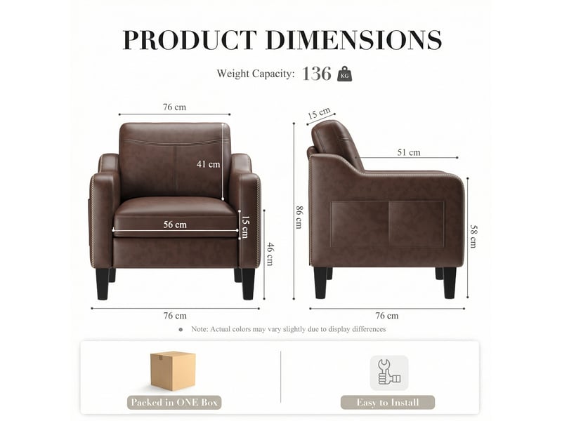  Fauteuil d’appoint moderne en pu style mid-century avec rangement latéral – confort ergonomique pour salon et bureau,marron chocolat  - Conforama C