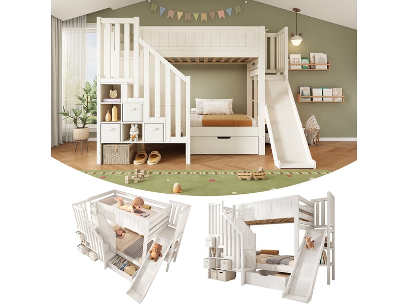  Lit superposé enfant 90x200 cm - toboggan - échelle avec rangements - tiroirs et étagères - bois - blanc  - Conforama D