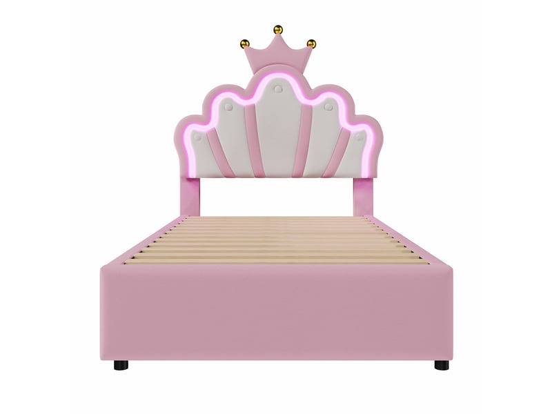  Lit rembourré rose 90x200 cm style princesse avec led, 2 tiroirs et tête réglable  - Conforama A