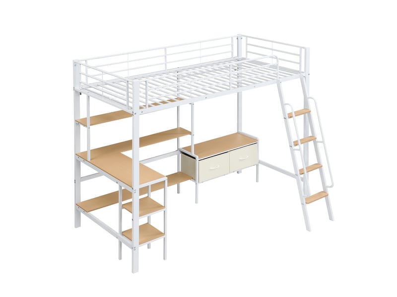  Lit mezzanine 90 × 200 cm avec bureau, étagère et 2 boîtes de rangement, blancnaturel IKSETERA TRADING LTD - Conforama W
