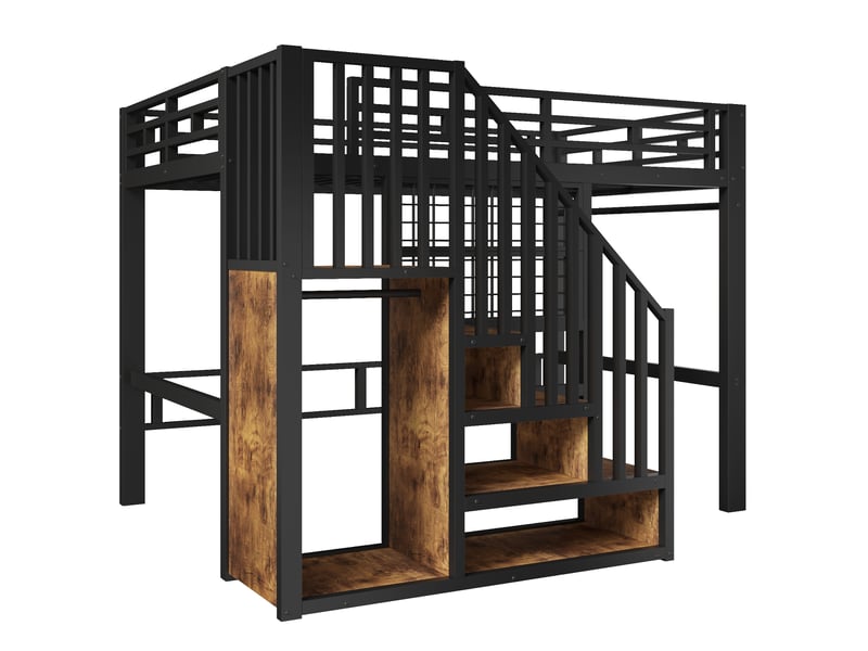  Lit mezzanine 140x200 cm en métal noir avec escalier rangement, grille et led  - Conforama D