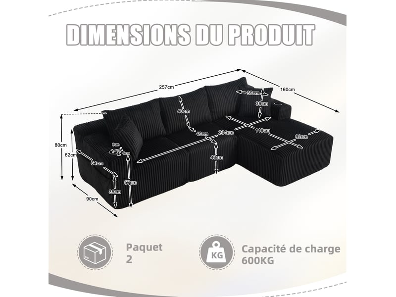  Canapé modulable modenvie 3 places avec méridienne, velours côtelé noir, 5 coussins, poches latérales et porte-gobelets  - Conforama C