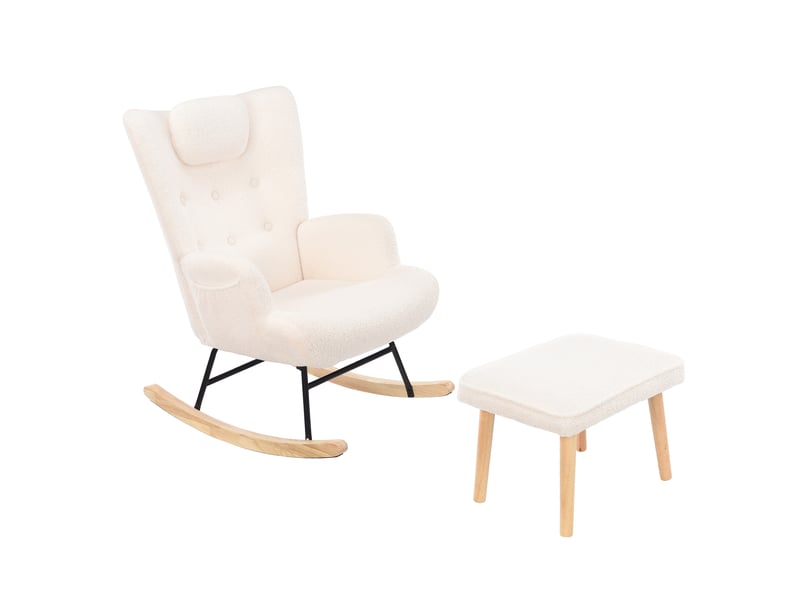 Fauteuil à bascule en tissu bouclette avec repose-pieds - 70 x 66 x 89 cm-blanc - chaise berçante avec appui-tête et poches latérales - Conforama E