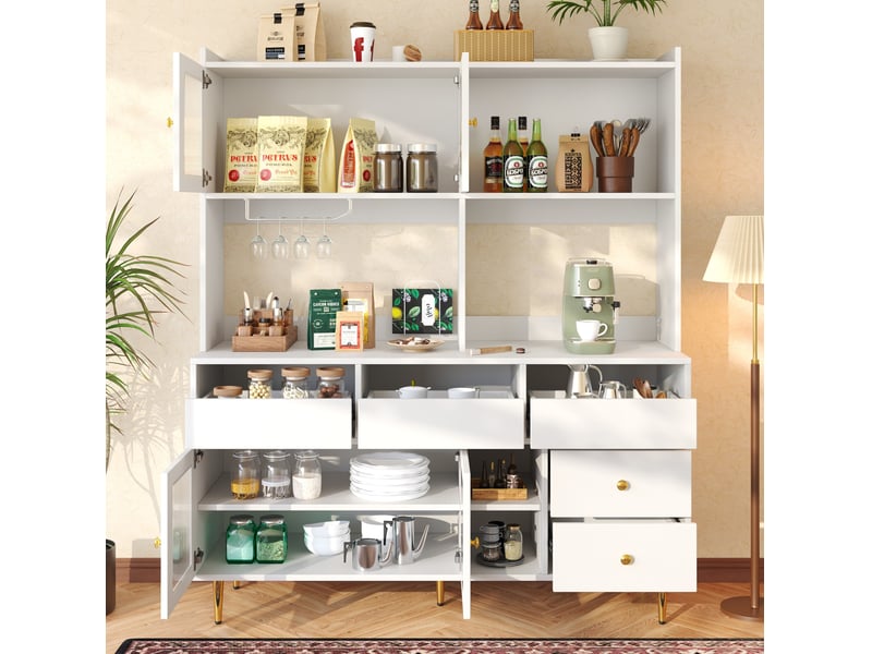Buffet haut 145 x 39 x 171 cm – blanc et doré – portes en verre strié, range-bouteilles et tiroirs - Conforama B