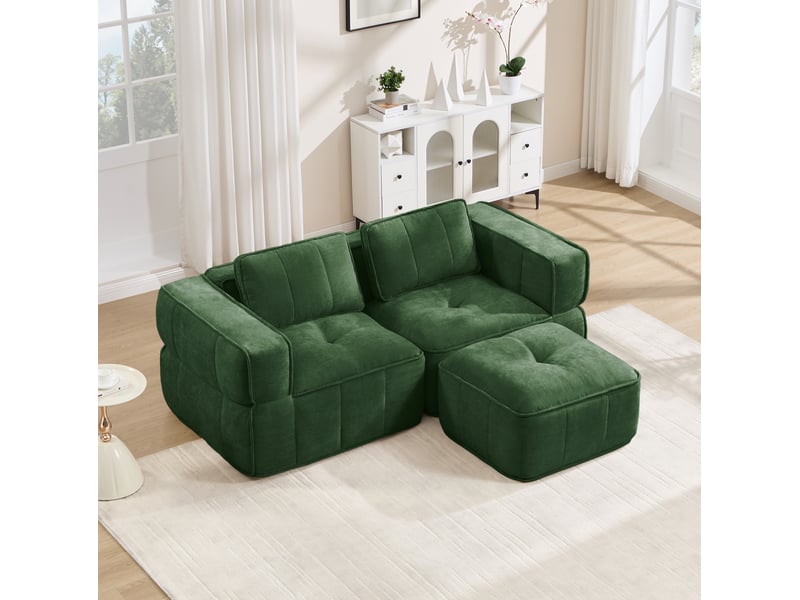 Canapé d'angle modulable 2 places avec pouf, en polyester vert - Conforama B