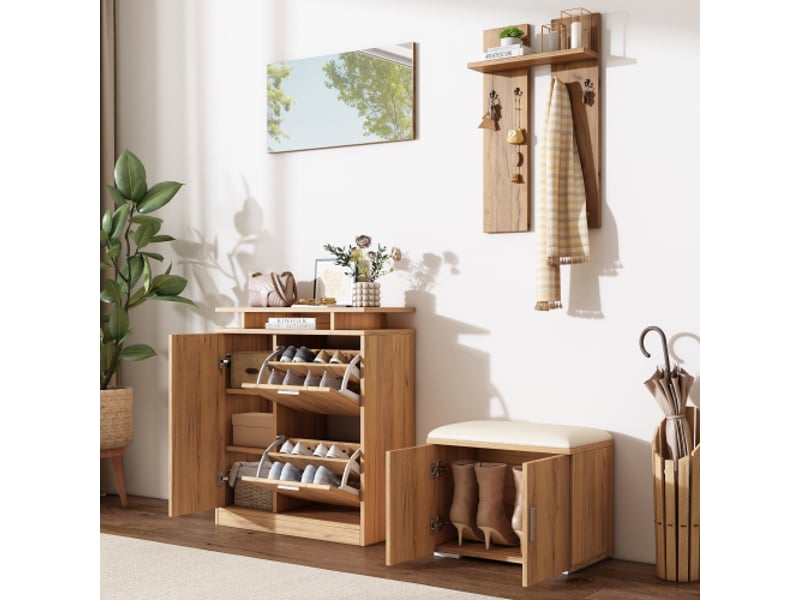  Lot de 4 meuble d'entrée, ensemble complet d'entrée avec banc à chaussures et armoire à chaussures, 1 miroir, 4 crochets, 5 porte  - Conforama C