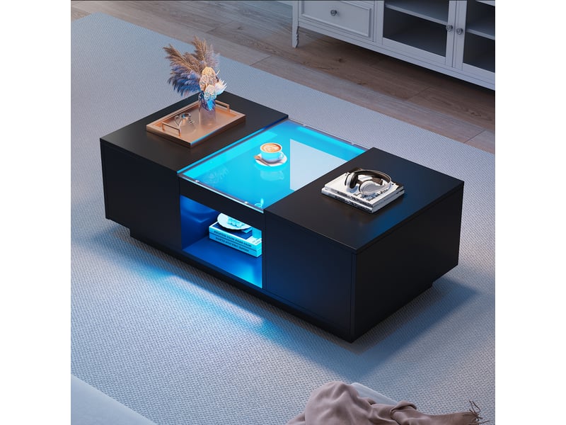  Table basse noire avec led 100x50 cm, plateau en verre, 2 tiroirs et compartiment ouvert, contrôle par application bluetooth  - Conforama C