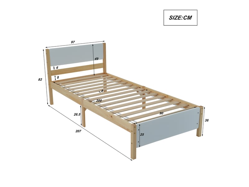  Lit simple en bois - 90x200 cm - blanc + naturel - cadre en pin - tête et pied de lit en mdf - 15 lattes 207x97x82cm - Conforama C
