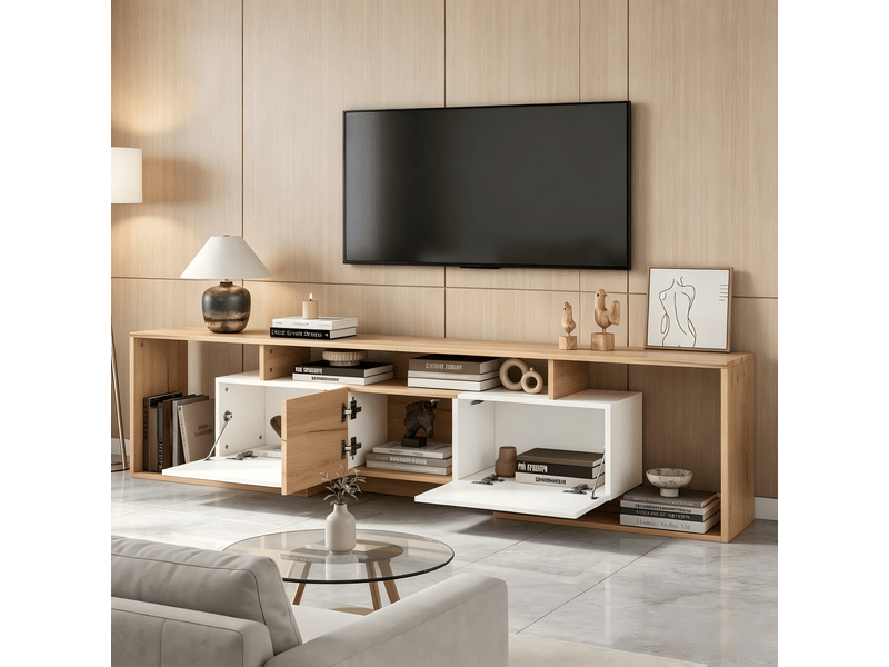  Meuble tv 180x30x49cm - meuble bas avec 2 portes abattantes, 1 porte battante et 3 niches ouvertes, pour tv jusqu’à 85 pouces - blanc et bois naturel  - Conforama E