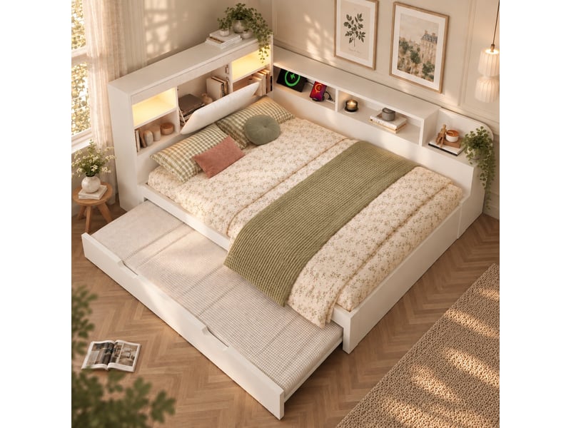  Lit gigogne 140x190 cm, couchage gigogne, tête de lit avec rangement, liseuse, usb et usb-c, sommier à lattes pour chambre - blanc  - Conforama B