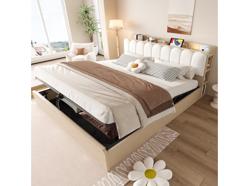 Lit coffre 180x200 cm, lit double, rangement hydraulique, étagères, port usb, tête de lit rembourrée, bois naturel, veilleuse - Conforama D