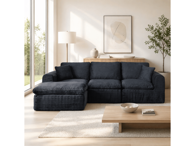  Canapé d’angle modulable 4 places 280 cm, 3-en-1, sans cadre rigide, mousse et ressorts, couchage d’appoint, velours côtelé, bleu foncé Morn Vibe - Conforama D