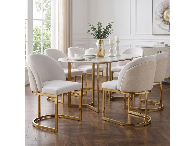  Chaises de salle à manger lot de 2 rembourrées avec dossier double et pieds dorés en chenille beige et or  - Conforama D