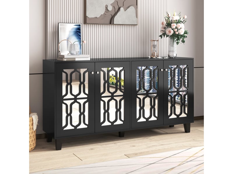  Buffet et enfilade avec 4 portes et 2 étagères réglables, façades miroir, en mdf, noir, 160×40×84 cm - uvrion  - Conforama B