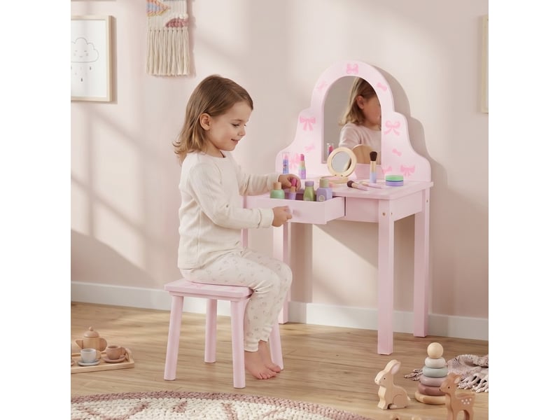  Coiffeuse enfant 2-en-1 55 x 34 x 82 cm - rose et blanc - miroir amovible, tiroir et tabouret assorti  - Conforama D