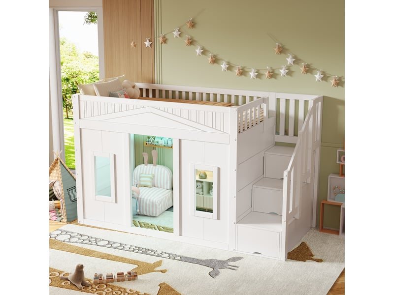  Lit mezzanine 90x200 cm avec escalier de rangement, structure blanche en pin et mdf pour chambre enfant  - Conforama B