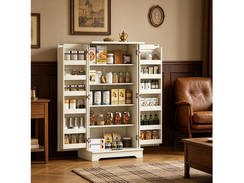 Buffet de cuisine 60 x 40 x 120 cm – crème – 12 rangements de porte, étagères réglables et anti-basculement - Conforama D
