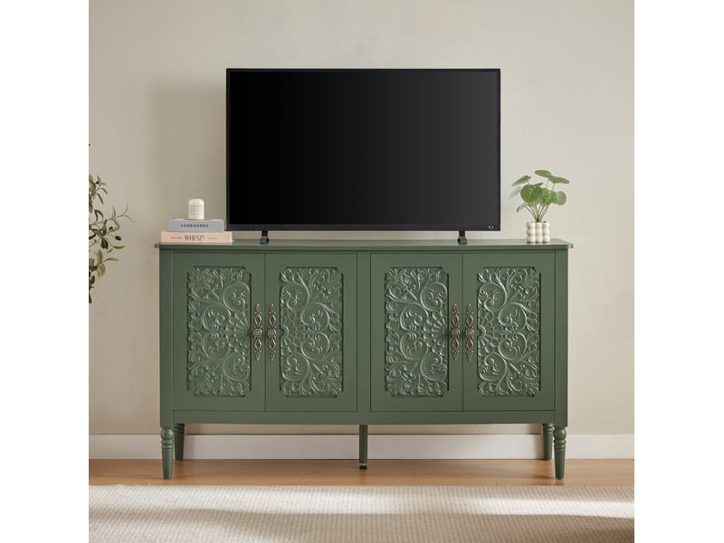 Buffet et enfilade 4 portes à relief sculpté, poignées métal et coins arrondis pour salle à manger en vert vintage - Conforama E
