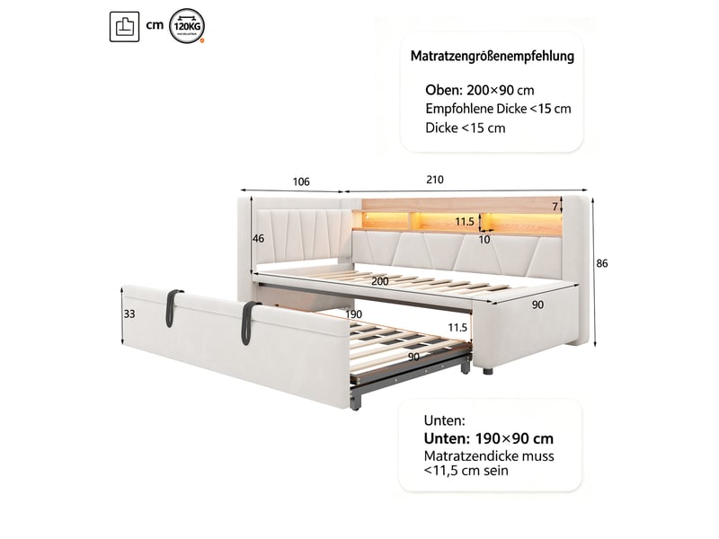  Lit gigogne 90x200 cm en velours avec led, usb et rangement, canapé-lit 3-en-1 extensible en 180x200 cm, lit enfant et adolescent moderne, beige  - Conforama D