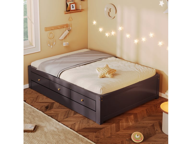  Lit simple 90x200 cm avec 3 tiroirs et lit gigogne 90x190 cm marron café, sans de tête de lit ni de matelas  - Conforama W