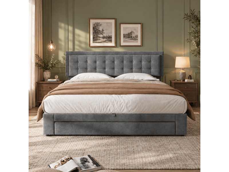 Lit avec coffre et tiroirs, tissu velours, lit capitonné, sommier à lattes, lit double, grand rangement, 180 x 200, velours, gris Seren Glow - Conforama E