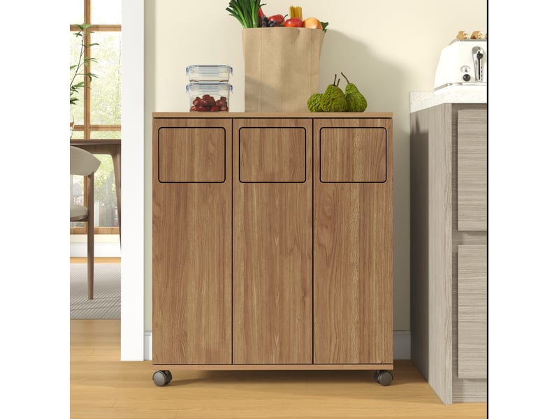  Meuble de tri des déchets 69,3x35x80 cm à roulettes en mdf avec 3 portes couleur naturel, confort optimal  - Conforama B