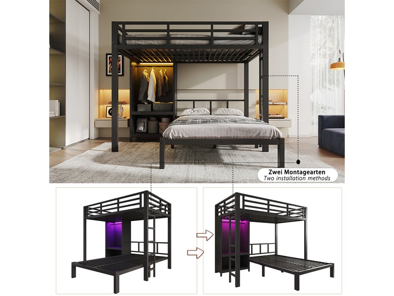  Lit superposé 120×200 cm 2 places avec armoire, led et échelle, métal noir sans matelas  - Conforama C