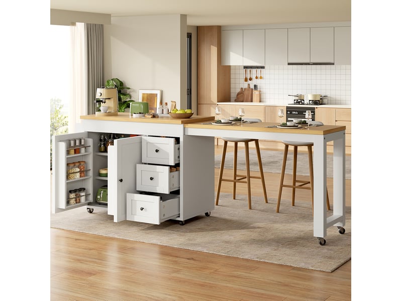 Îlot de cuisine extensible 116x45x89 cm, meuble cuisine, avec 3 tiroirs et roulettes, structure en mdf, couleur blanc - Conforama E